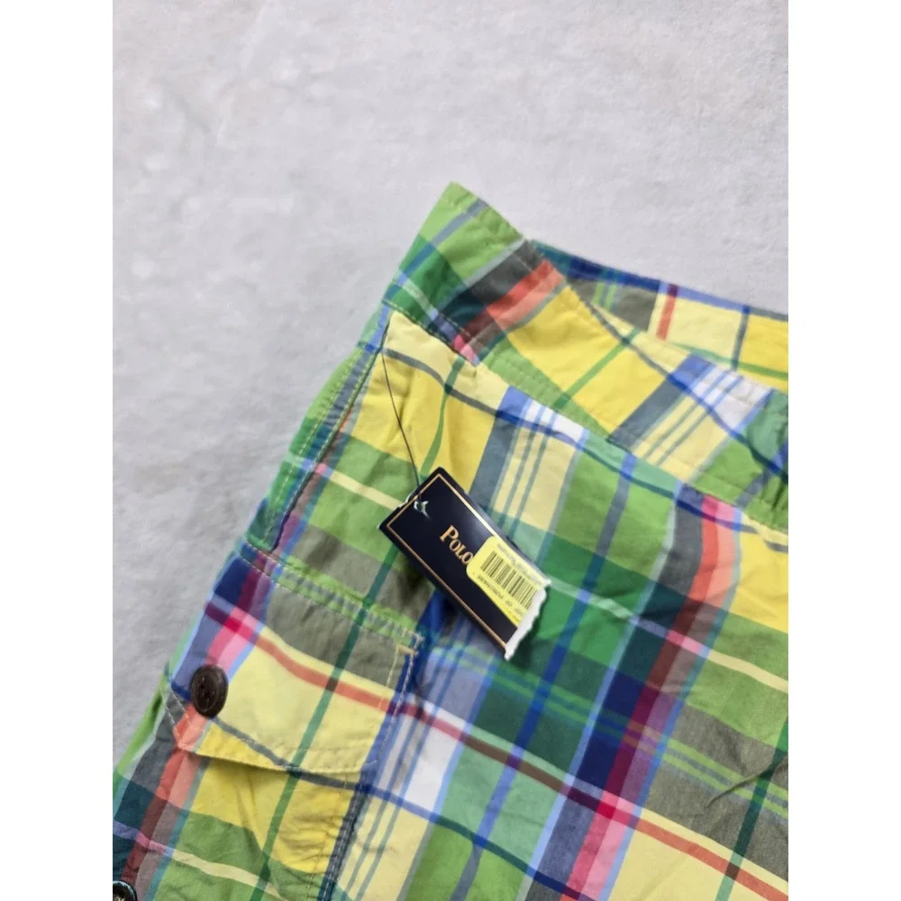 Polo‎ Ralph Lauren Madras Swim Trunks Mens 32 Green Yellow Plaid Cargo NEW